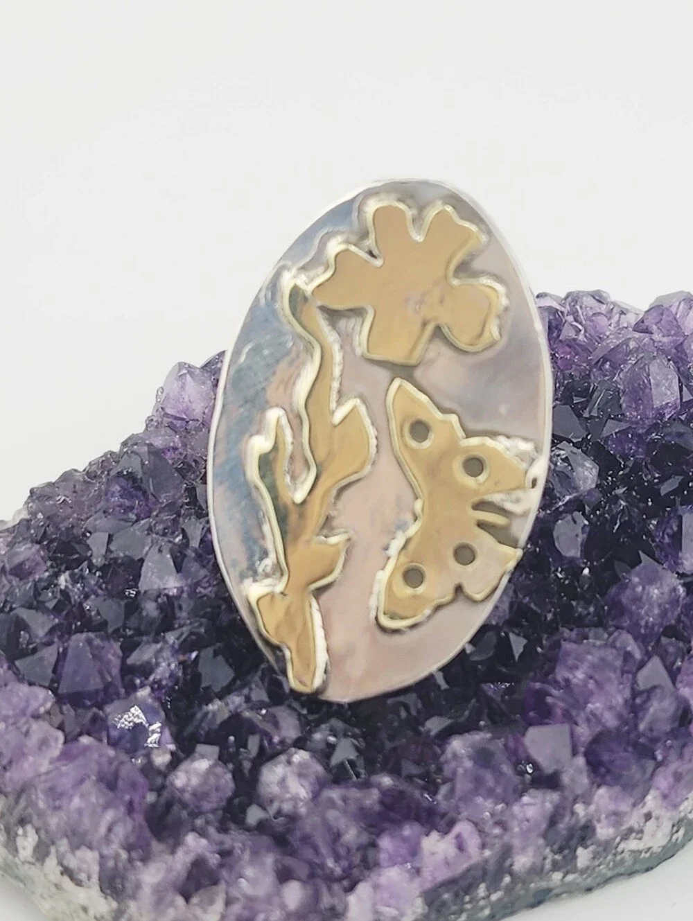 STERLING SILVER & BRASS BOTANICAL HANDMADE RING MIX METAL DESIGN SIZE 7